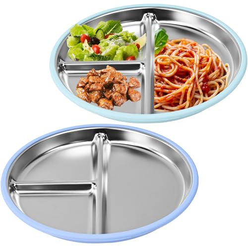 WEFHEF 2 Stück Esslern Edelstahl Teller für Baby Kinder Unterteilt Esslernteller Unterteilt Teller mit Saugnapf Geteilte Teller Saugnapfteller rutschfest spülmaschinenfest