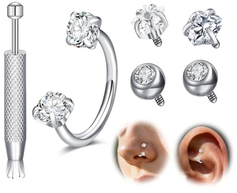 VFUN Piercing da naso a ferro di cavallo, 18 g, filo interno, con diamanti di ricambio, in acciaio inox, 8 mm, ipoallergenico, gioiello per narice per donne e uomini, 8mm