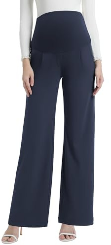 Gowjog Pantaloni premaman da donna a gamba larga, a vita alta, elasticizzati, per ufficio, lavoro, lounge con tasche, Blu mare, M