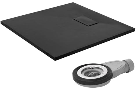 LuxeBath Plato de Ducha 80x80cm Negro, con Juego de Desagüe Base Rectangular con Superficie Antideslizante y Antibacteriano en Aspecto Pizarra Altura 30 mm SMC Extraplano y Robusto, Fácil Instalación