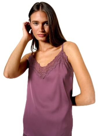 TRAMAS+ Pijama Mujer Verano, Conjunto de Satén, Pijama para Mujer, Pijama Camiseta Tirantes y Pantalón Corto con Cintura Ajustable, 2 Piezas - S, Berenjena