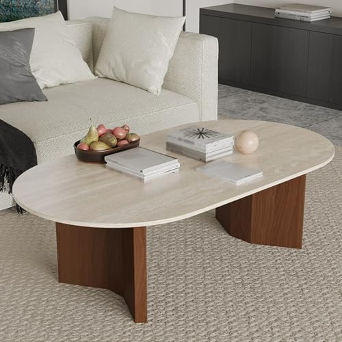 FYRDTNG Mesa de Centro Ovalada para Sala Moderna, Tablero Piedra sinterizada, Base Madera Maciza, Mesa Minimalista para salón, Cocktail Tables para Apartamentos pequeños(100cm/39.4in)
