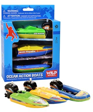 Wild Republic Ocean Boat Three Pack, Wind Up Motor, Gift for Kids, Great for Interactive Play