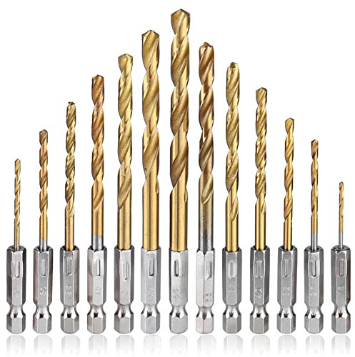 Mesee 13 Pieces Titanium Coated HSS Twist Drill Bits, High Speed Steel Drill Bit Set 1/4 Inch Hex Shank Quick Change Woodworking Drilling Tool - 1.5mm-6.5mm