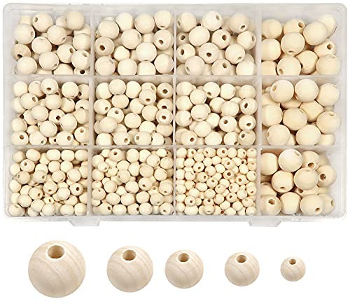 TOAOB Holzperlen zum Auffädeln 600 Stück Holzkugeln mit Loch 6mm 8mm 10mm 12mm 14mm Runde Natur Holzperlen Zwischenperlen mit Box für Makramee Basteln DIY Schmuck Armband