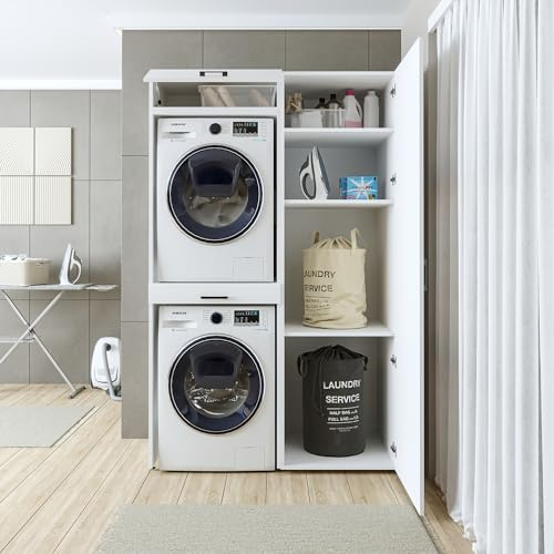 ROOMART, Meuble mural pour sèche-linge sur machine à laver, 127 cm de large, tour de lavage, étagère (3 étagères, blanc)