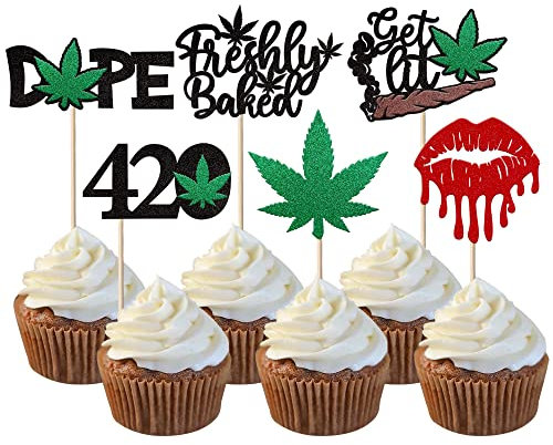 Paquete de 24 adornos para magdalenas de hoja de marihuana con purpurina, 420 palillos para cupcakes con una dopa, decoraciones para tartas para fiestas de cumpleaños
