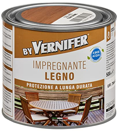 BY VERNIFER Impregnante Legno Teak, Impregnante all'Acqua Pronto all'Uso per Protezione Legno, a Rapida Asciugatura, Inodore, 500ml