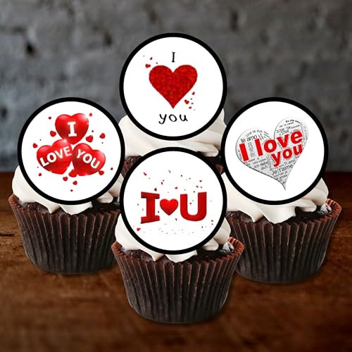 PRECUT I Love You Cupcake Toppers, Valentines Day Edible Cake Topper, Edible Valentine Cake Decorations, Proposal Decorations, Engagement Cake Decoration, Anniversary Cake Toppers (12)