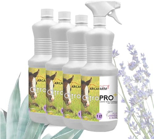 4 Pezzi Repellente Naturale Spray alla Citronella con LAVANDA e ALOE per Cavalli 1 lt Citropro, Lozione anti Insetti Volanti Mosche Zanzare, Protezione Lunga Durata, 100% Made in Italy