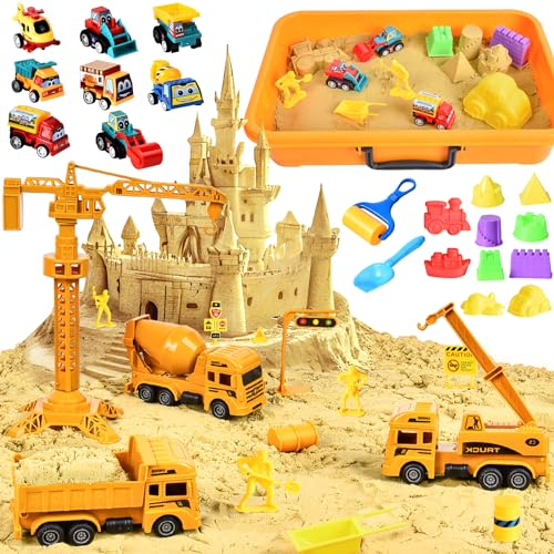 JONRRYIN 50Stk Magic Sand Set Spielsand Baustelle Kinder, Spielsand Koffer mit 1KG Magic Sand, Sandkasten Sandspiel Zaubersand Spielzeug, Sensorisch Sandspielzeug für Jungen ab 3 4 5 6 7 8 9