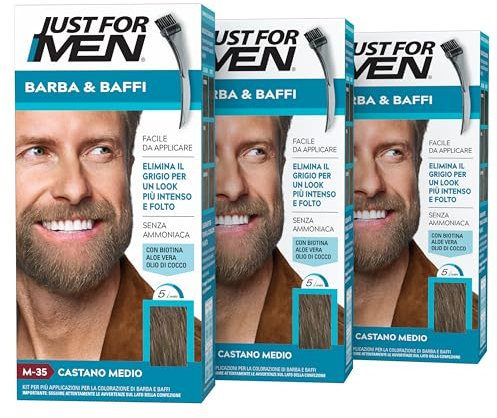 Just For Men Barba & Baffi, Tinta Per Barba Uomo, Tintura Senza Ammoniaca, Elimina I Peli Grigi, Con Pettine Applicatore, Colore Castano Medio, M35 (3 Pack)