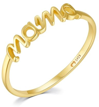 Anillo de Plata de Ley con la Palabra mama , Diseño Original y muy Especial. Anillo Plata Mujer con Acabado Plateado o Dorado. Joyería mujer ideal para parejas, regalo para madres (Baño en oro, 8)