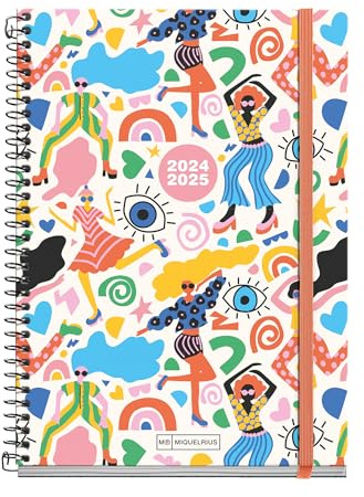 Miquelrius - Agenda Escolar 2024-2025, Septiembre 24 a Junio 25, 154 x 215 mm, Agenda Semana Vista, Cubierta Cartón Forrado, Agenda 2024 2025, Espiral Metálico Negro, Español e Inglés, Party