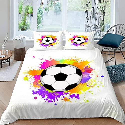 Juego de ropa de cama con diseño de balón de fútbol en 3D, tamaño doble, microfibra suave, personalizable, 3 piezas, funda de edredón con cremallera, tecnología antialérgica incluida