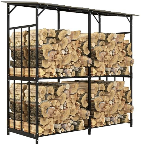 Outsunny Abri bûches en acier galvanisé à 2 niveaux, abri bois exterieur avec toit incliné, abri de chauffage de bois, range bûches exterieur, 186 x 75 x 185 cm, noir