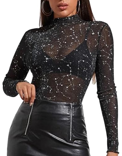 Camiseta Transparente Mujer,Glitter Manga Larga Top Transparente,Blusa Sexy Mangas Largas Mesh Tops,Parte Superior Transparente con Purpurina,Camiseta de Manga Larga Mujer,Negra Transparente Clubwear