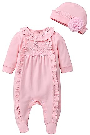 Newborn Baby Sleepsuit Baby Girls Jumpsuits with Hat Baby Onesie Girl Cute Rompers Baby Outfits Plain Cotton Sleepsuits Toddler Bodysuit Cotton 6 to 12 Months (Pink, 0-3 Months)