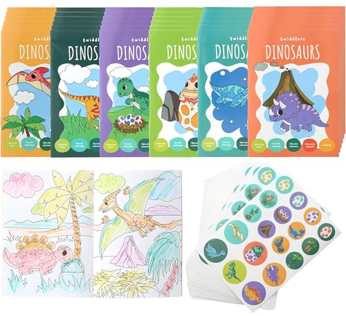 THE TWIDDLERS 36 Mini livres de coloriage pour sacs de fête, avec autocollants - thème dinosaures, A6 Mini livres pour enfants, 4-8 ans, parfaits petits livres de coloriage pour sacs de fête Favours