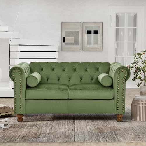 KEIKI 55 Chesterfield Velvet Tufted Button Loveseats Sofa with Square Arms and Cushion Back, Classic 2-Seater Couch with Solid Wood Legs, Easy Assembly, for Living Room, Bedroom, Apartment, Green