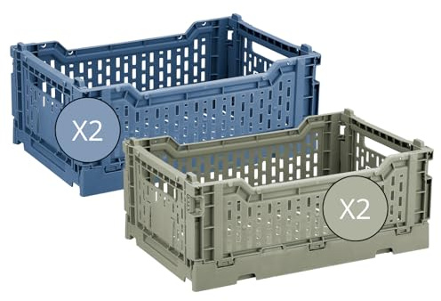 Box and beyond - Lot de 4 Caisses de Rangement pliables - 27 x 17 x 10,5 cm - Plastique Bleu et Vert - Pliables - Avec Poignées - Rangement - Cuisine, Bureau, Chambre, Salon - Style Simple
