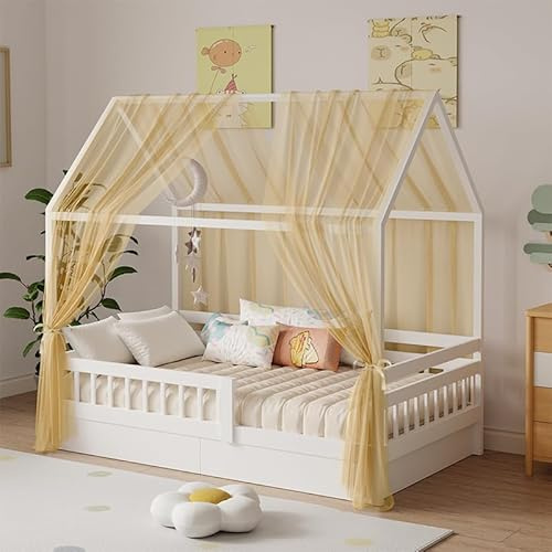 Zdada Juego de dosel para cama de casa, 2 piezas, dosel para cama de casa, decoración, cortina de cama para niñas, niños, cama infantil, decoración de habitación infantil, 150 x 350 cm, color caqui