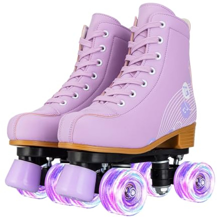 Gets Womens Roller Skates Light Up Wheels, Artificial Leather Adjustable Double Row 4 Wheels Roller Skates Shiny Skates for Teens,Adult-Purple,37