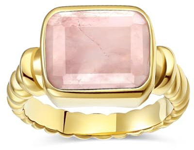 Anello con sigillo in acciaio inox placcato oro, per uomo e donna, stile boho moderno, pietra rettangolare, taglio smeraldo, chunky, 57(18.1), Pietra, Quarzo rosa
