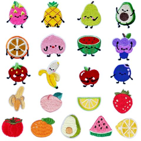 KASESSS 21 Stück Früchte Bügelflicken, Flicken zum Aufbügeln, DIY Patches zum Aufbügeln, Farbenfroh Bügelbilder für Textilien, Aufnäher zum Aufbügelns für Rucksäcke Hüte Jeans Kinderkleidung Hosen