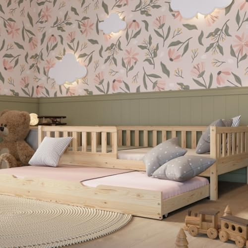 Crazy Pine Barnsäng med utdragssäng 100x190 cm – barnsäng i naturträ med fallskydd – Montessori golvsäng med låda med sovfunktion och avtagbar barriär – Crazy Basic