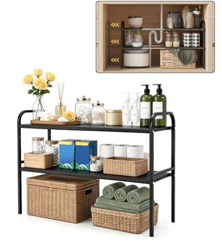 ELISPACES Organizador Cocina Bajo Fregadero Extensible de 2 Niveles | Estantería Multiuso en Acero al Carbono de Alta Resistencia | Organizador Ajustable para Armarios con Tuberías en Cocinas y Baños