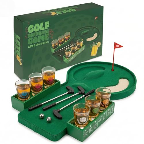 MIJOMA Drickspel Golf – roligt festspel med minigolf och 6 skjutglas – drickspel för vuxna, barspel, presentidé – 40 x 23,5 cm