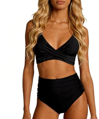 ADUDVLO High Waisted Bikini Set V Neck Twist Front Two Piece Swimsuit with Tummy Control & Removable Padding for Women (UK, Alpha, XL, Regular, Regular, Black)
