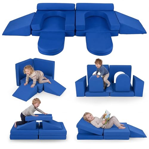 COSTWAY Kids Play Couch, 10-Piece Modular Toddler Soft Foam Playset with Machine Washable Suede Cover, Fold Out Convertible Children Sofa Bed for Kidsroom Bedroom Living Room (Blue)