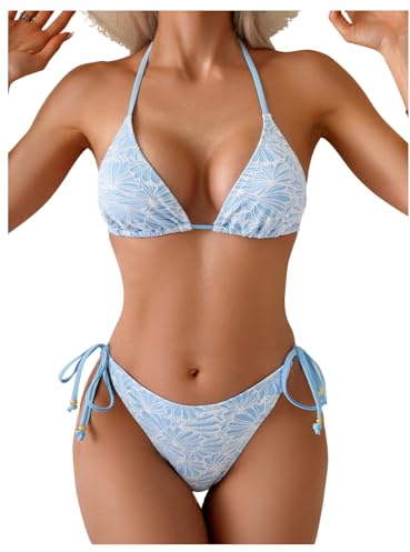 GORGLITTER Women's Floral Triangle Bikini Sets for Women UK Halter String Tie Side Bikinis 2 Piece Beach Pool Resort Swimsuits Light Blue Medium