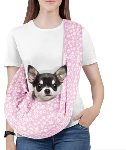 Pawaboo Small Dog Sling Carrier | Reversible Puppy Small Pet Carrier,Hands Free,Safety Buckle,Storage Pocket for Travel,Outdoor Activities Pink Daisy