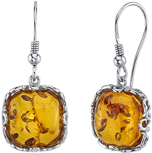 Peora Genuine Baltic Amber Cushion Cut Dangle Earrings for Women 925 Sterling Silver, Rich Cognac Color, Designer Scroll Gallery, Fish Hooks, Real Baltic Amber Earrings for Adults,
