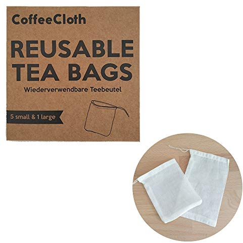 Earthtopia CoffeeCloth Juego de 6 bolsas de té reutilizables de tela, 100 % algodón orgánico, filtro permanente, filtro reutilizable (5 pequeños y 1 grande)