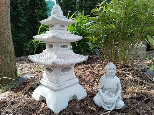 Ornamento da giardino in pietra, set di tre livelli Lanterna giapponese/Pagoda + Siddhattha Gotama Buddha