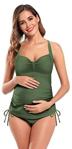 SHEKINI Premaman Costume da Bagno Donna Due Pezzi maternità Elegante Ruched Regolabile Bikini Incinta Tankini Due Pezzi con Triangolo Fondo Bikini da Spiaggia(M,Verde Oliva)
