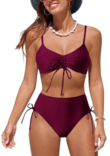 NLAND Mujer Conjunto de Bikini Push Up Establece Retro Empuja hacia Arriba con Acolchadas Traje de baño Dos Piezas Ropa de Playa(Vino Tinto,XL)