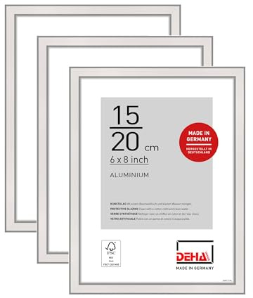 DEHA Design cadre photo, 15 x 20 cm (set de 3), aluminium, Argent brillant, cadre photopour poserau format paysage et portrait, verre synthétique, Boston