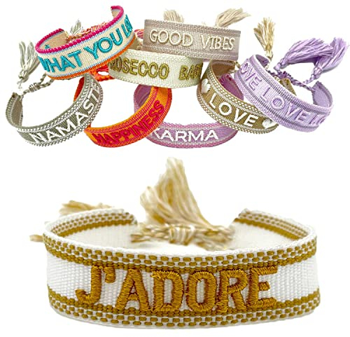 LS-LebenStil Exklusives Statement Armband - das Original - J'ADORE Creme Gold 16-20cm Quasten besticktes Boho Canvas Webarmband Damen Freundschaftsarmband Geschenk gewebt textil Stoffarmband