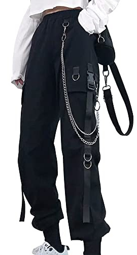 DINGJIUYAN Women's Gothic High Waisted Cargo Pants Baggy Pants with Chain | Black Goth Parachute Trousers with Elastic Waist,Loose Casual Street Rock Y2k Style,Harajuku, Punk and Emo Halloween Outfits