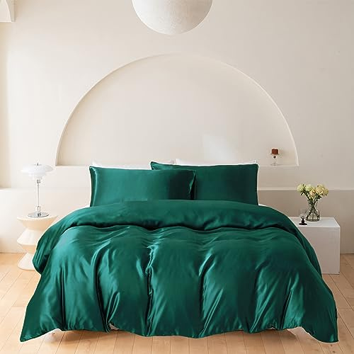 Wotcsil Set Copripiumino in Raso Matrimoniale 220x240 Verde Biancheria da Letto in Raso Setoso Set di Seta Lusso Tinta Unita Poliestere Lucido Copripiumino Letto 220x240 cm con Federa
