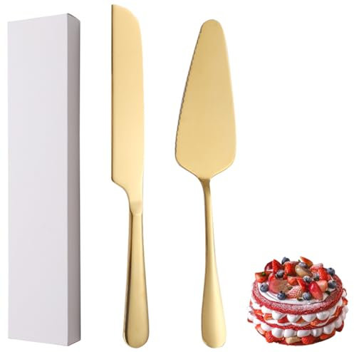 XIAOYU Set di 2 coltelli e paletta per torta nuziale, in acciaio inox, set da portata per matrimoni, compleanni, feste e anniversari, colore: oro