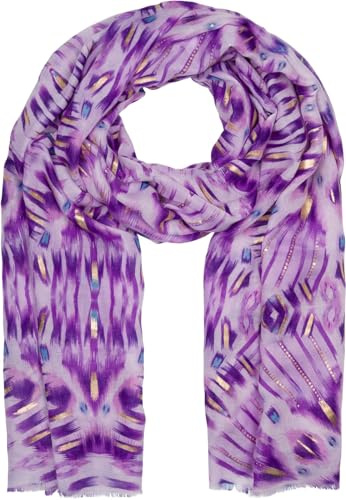 styleBREAKER Sciarpa donna con motivo Batik Shibori con strisce metalliche, leggera sciarpa etnica con frange corte 01016228, colore:Lilla-viola