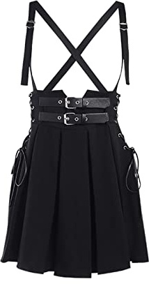 XKBHYD Jupe plissée gothique punk noire pour femme - Taille haute - Boucle à lacets - Mini jupe Harajuku - Bretelles spaghetti