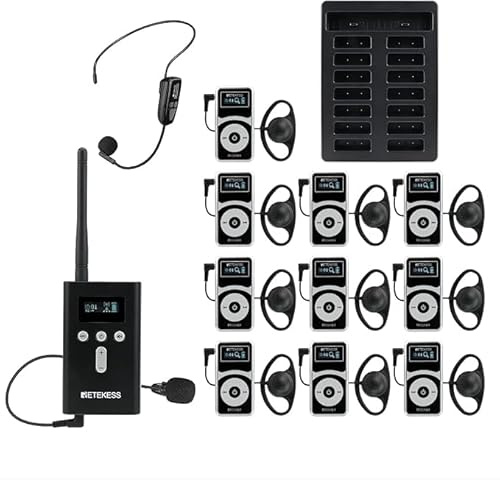 Retekess T130P (T130 3rd) Sistema de Audioguía Inalámbrico, Reducción de Ruido Mejorada, Sistema de Guía Turística Whisper, 160m, para Visita a Fábrica (1 Transmisor 10 Receptores)