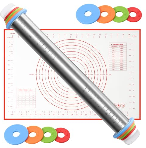 Mattarello in acciaio inox con tappetino da forno, spessore regolabile con anello rimovibile, mattarello in metallo rivestito antiaderente, 4 misure, adatto per pizza, biscotti, pasta sfoglia